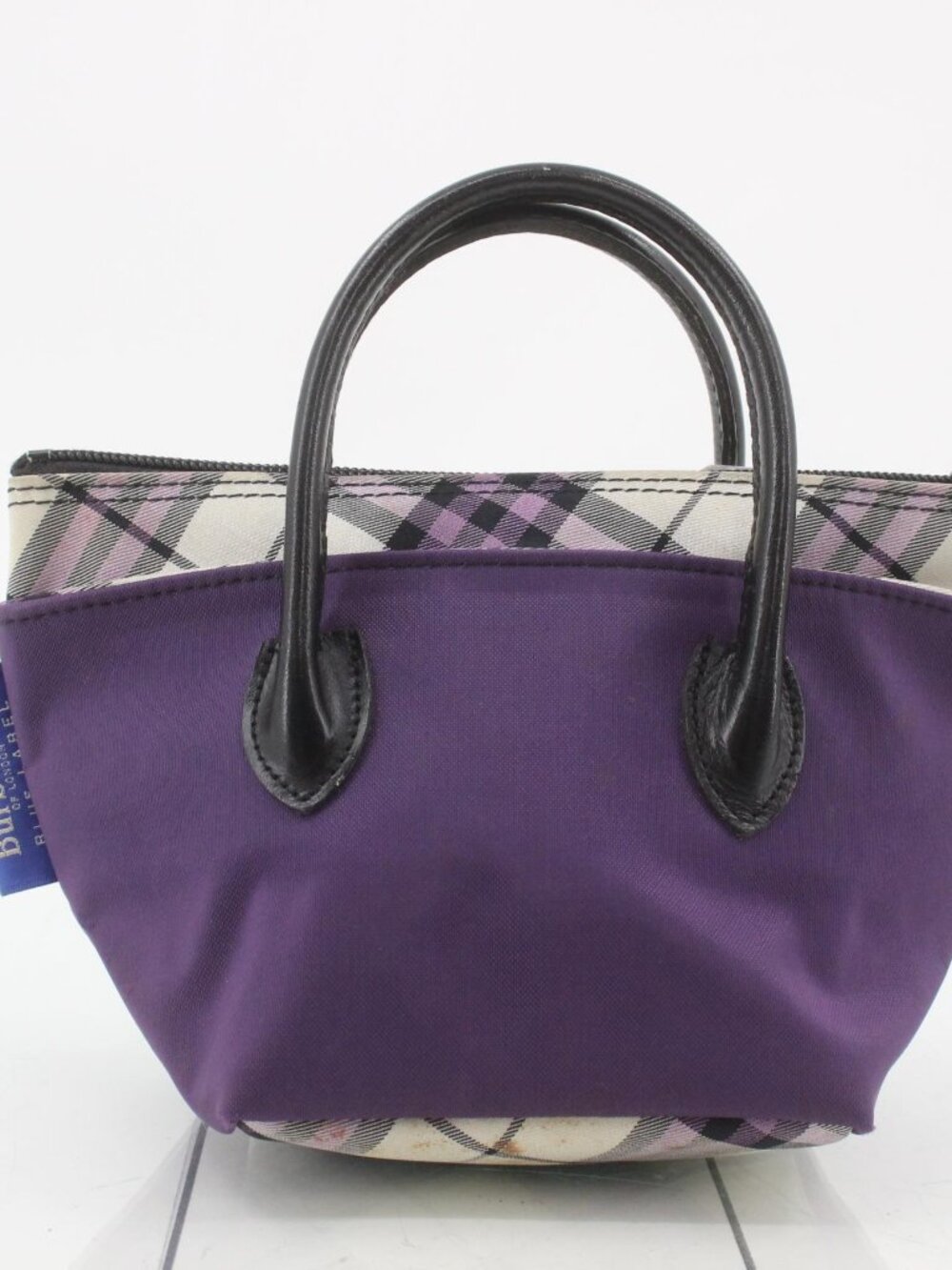 Burberry Purple Canvas Tote with Black Handles and Plaid Trim